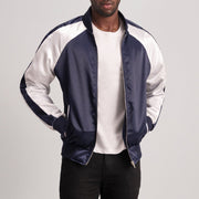 Clarke Blue Varsity Jacket - Lateral Side Profile View Showing Sleeve Cut &amp; Athletic Taper Fit