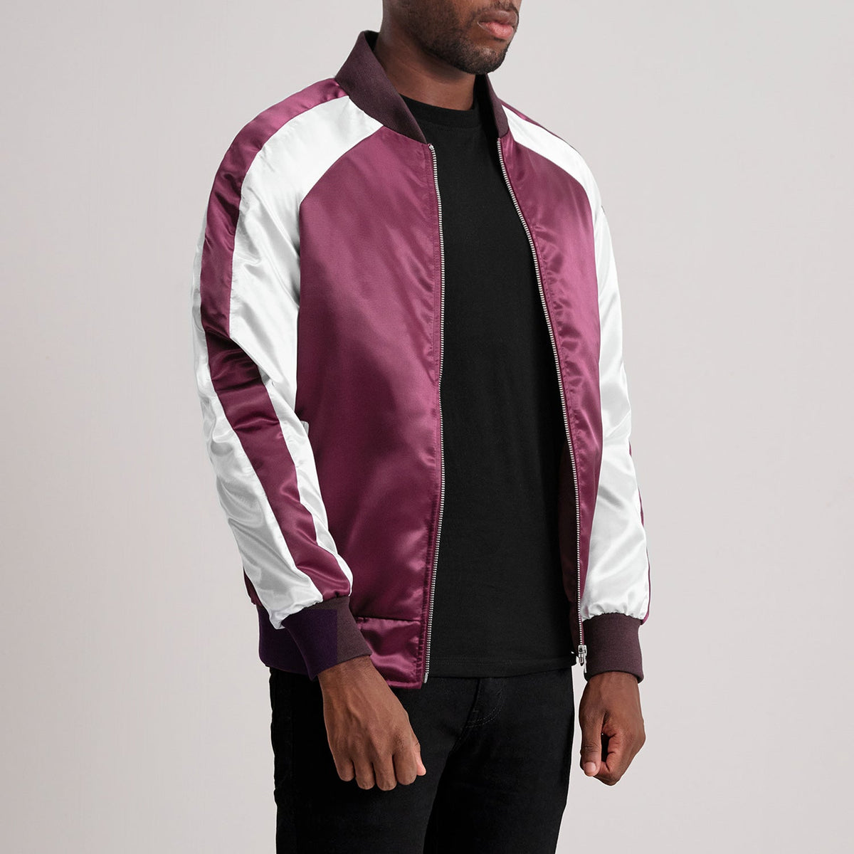 Maroon &amp; White Satin Aviator Jacket - Back View Showing Tailored Shoulder Fit &amp; Clean Hemline