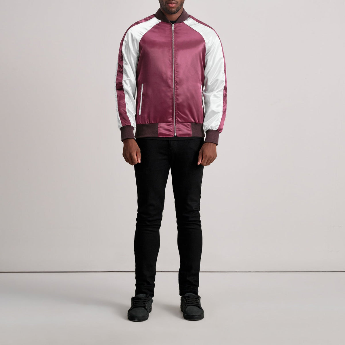 Close-Up Detail of Varsity & Zipper Hardware on Clarke Maroon Varsity Jacket