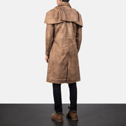 Men's Classic Brown Leather Duster - Lateral Side Profile View Showing Sleeve Cut &amp; Athletic Taper Fit