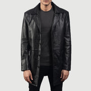 Men's Classmith Black Leather Coat in Black Cowhide Leather - Front Profile View &amp; Tailored Silhouette | Buy Online