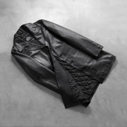 Styled Fit Perspective of Men's Classmith Black Leather Coat on Model - Natural Daylight Drape