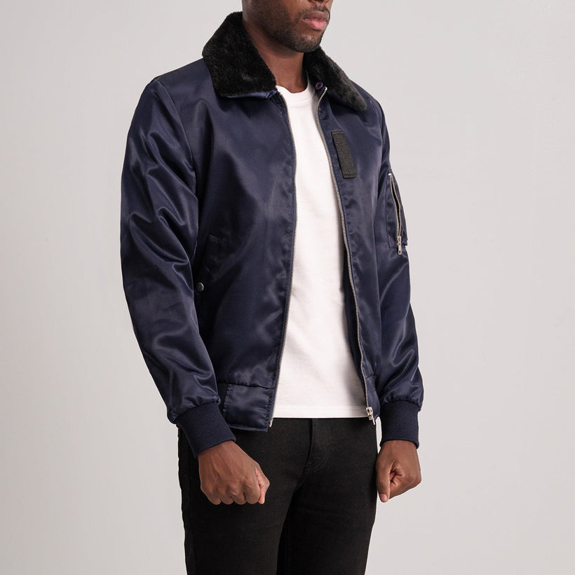 Blue Satin Bomber Jacket - Back View Showing Tailored Shoulder Fit & Clean Hemline
