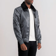 
Grey Satin Bomber Jacket - Πίσω όψη με εφαρμογή στους ώμους & καθαρό στρίφωμα