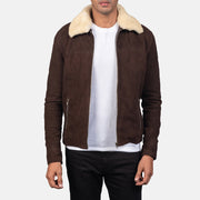 Men's Coffner Brown Shearling Fur Jacket in Distressed Brown Goatskin Suede - Front Profile View &amp; Tailored Silhouette | Buy Online