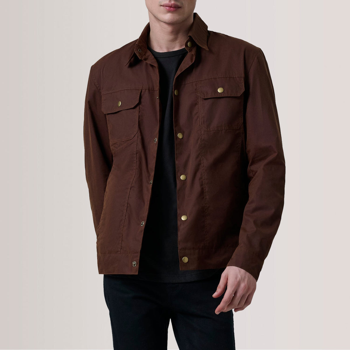 Colberto Brown Waxed Canvas Trucker Jacket For Men in Brown Waxed Cotton Canvas - Front Profile View &amp; Tailored Silhouette | Buy Online