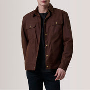 Colberto Brown Waxed Canvas Trucker Jacket For Men in Brown Waxed Cotton Canvas - Front Profile View &amp; Tailored Silhouette | Buy Online