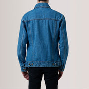Close-Up Detail of Classic Collar &amp; Heavy-Duty Zipper Hardware on Conard Blue Denim Trucker Jacket For Men