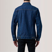 
Κοντινό πλάνο λεπτομέρειας of Classic Collar & Heavy-Duty Zipper Hardware on Conard Dark Μπλε Denim Trucker Δερμάτινο Μπουφάν Ανδρικό For Men