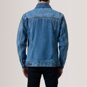 
Κοντινό πλάνο λεπτομέρειας of Classic Collar & Heavy-Duty Zipper Hardware on Conard Ice Μπλε Denim Trucker Δερμάτινο Μπουφάν Ανδρικό For Men