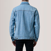 
Κοντινό πλάνο λεπτομέρειας of Classic Collar & Heavy-Duty Zipper Hardware on Conard Light Μπλε Denim Trucker Δερμάτινο Μπουφάν Ανδρικό For Men