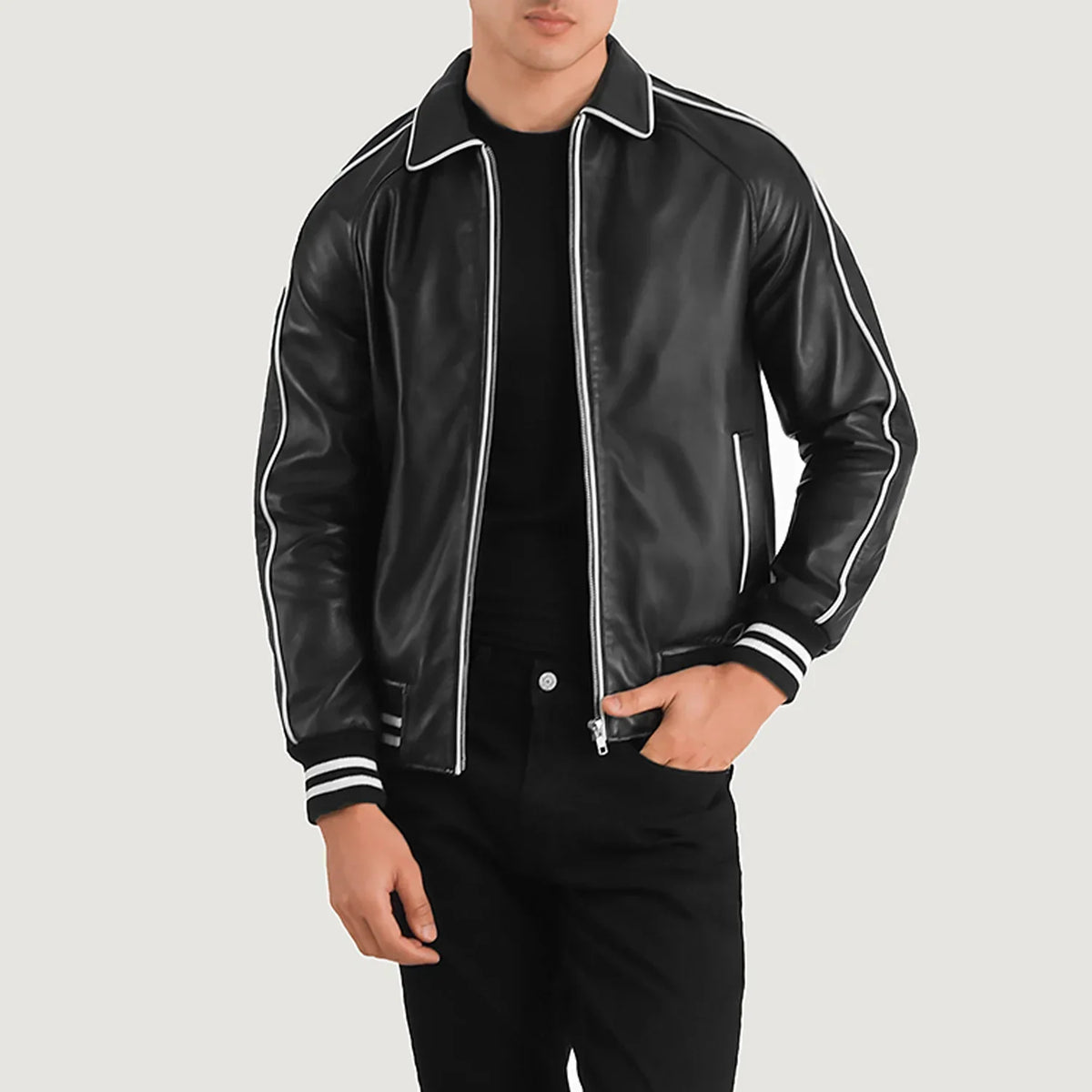 Cooper Black Leather Varsity Jacket in Black Sheepskin Leather - Front Profile View &amp; Tailored Silhouette | Buy Online