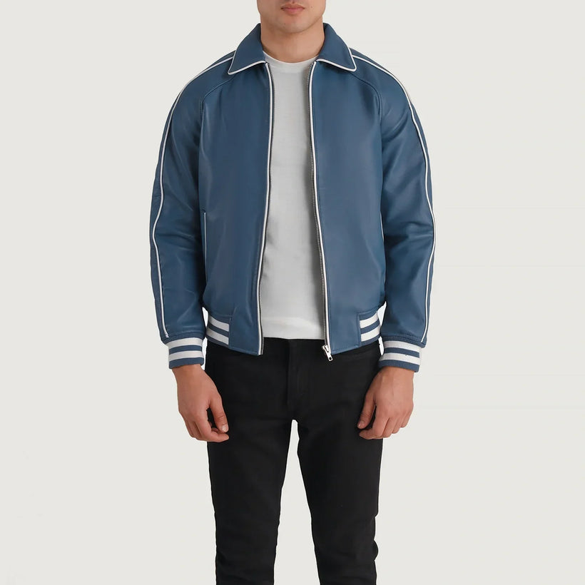 Cooper Blue Leather Varsity Δερμάτινο Μπουφάν Ανδρικό