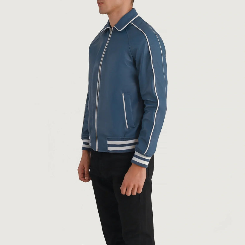Cooper Blue Leather Varsity Δερμάτινο Μπουφάν Ανδρικό