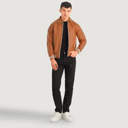 Cooper Tan Brown Leather Varsity Jacket in Tan Brown Sheepskin Leather - Front Profile View &amp; Tailored Silhouette | Buy Online