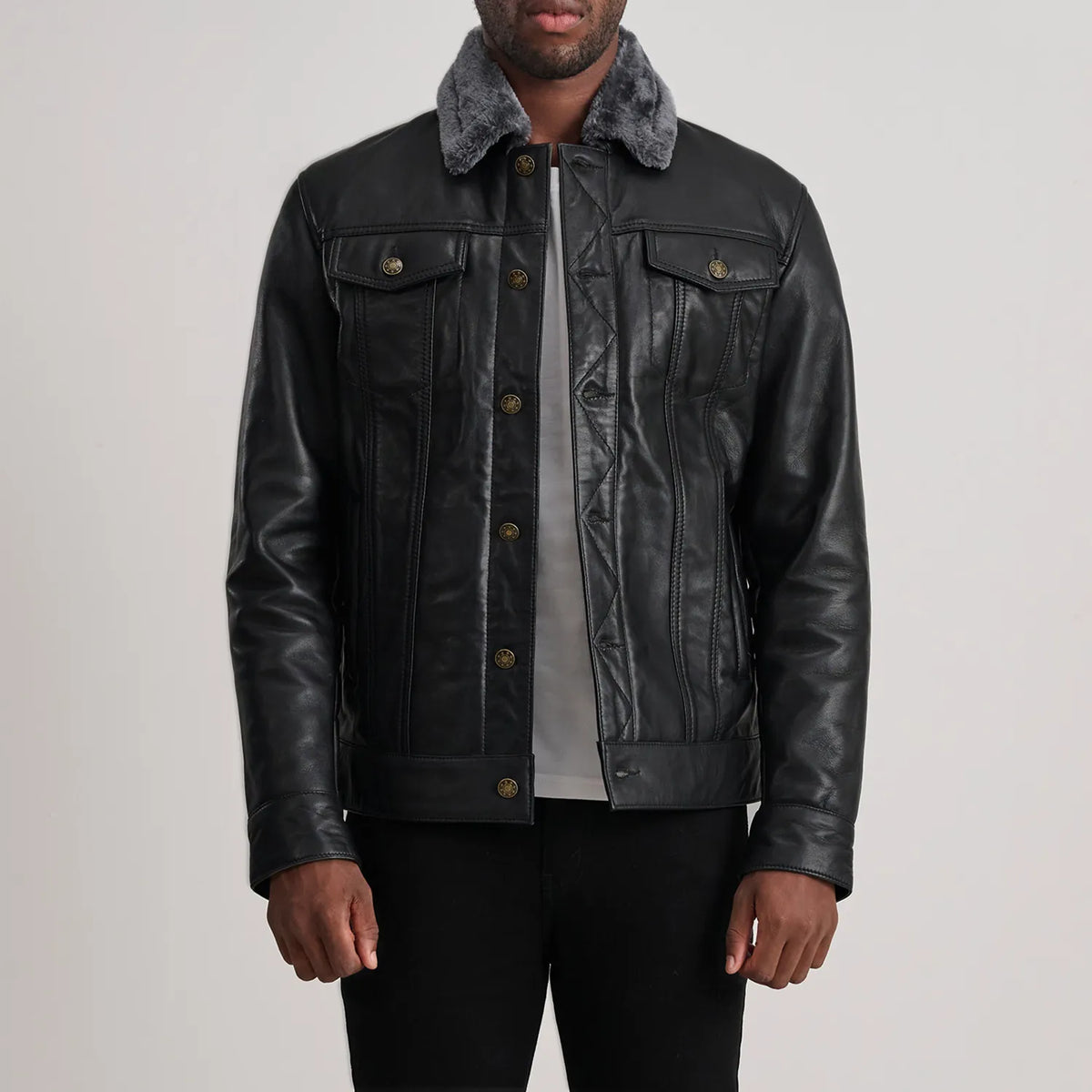 Dallis Black Leather Shearling Trucker Jacket in Black Sheepskin Leather - Front Profile View &amp; Tailored Silhouette | Buy Online