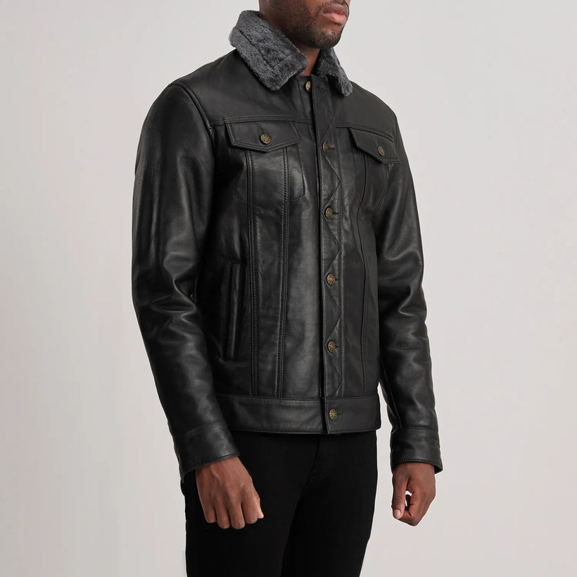 Dallis Μαύρο Leather Shearling Trucker Δερμάτινο Μπουφάν Ανδρικό