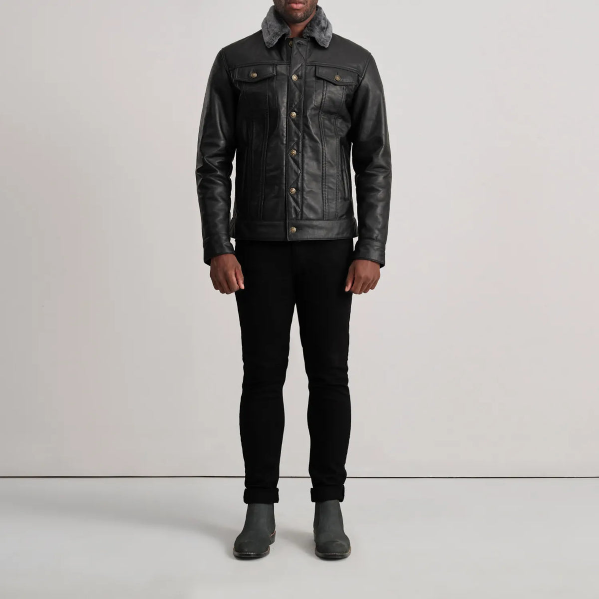 Dallis Black Leather Shearling Trucker Jacket - Lateral Side Profile View Showing Sleeve Cut &amp; Athletic Taper Fit