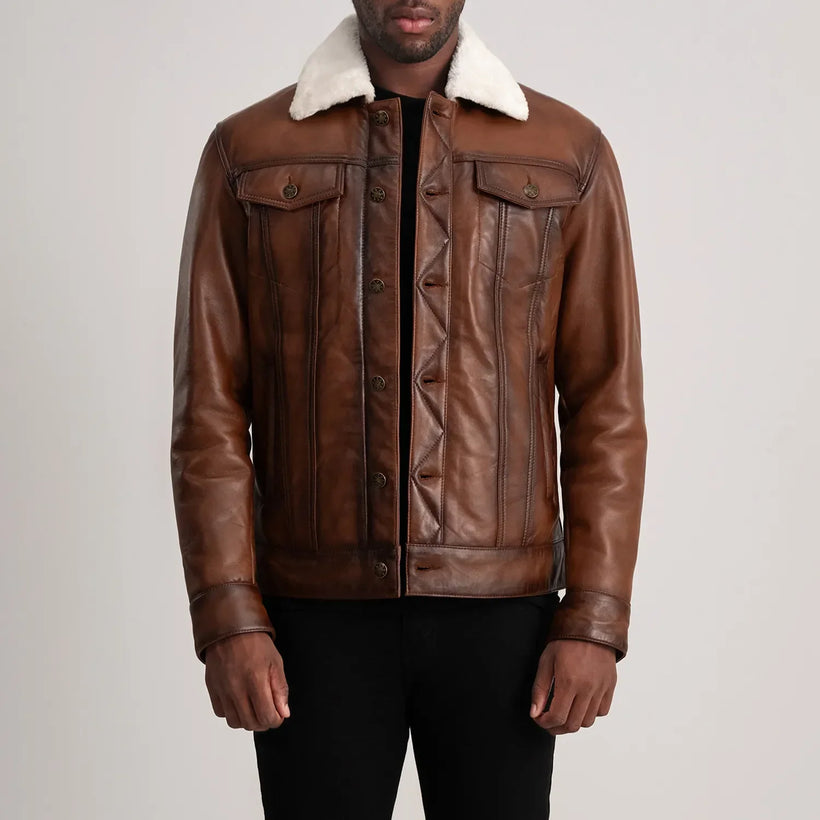 Dallis Καφέ Leather Shearling Trucker Δερμάτινο Μπουφάν Ανδρικό