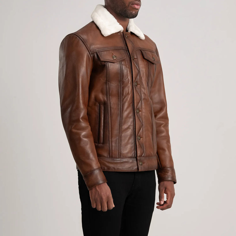 Dallis Καφέ Leather Shearling Trucker Δερμάτινο Μπουφάν Ανδρικό