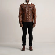 Dallis Brown Leather Shearling Trucker Jacket - Lateral Side Profile View Showing Sleeve Cut &amp; Athletic Taper Fit