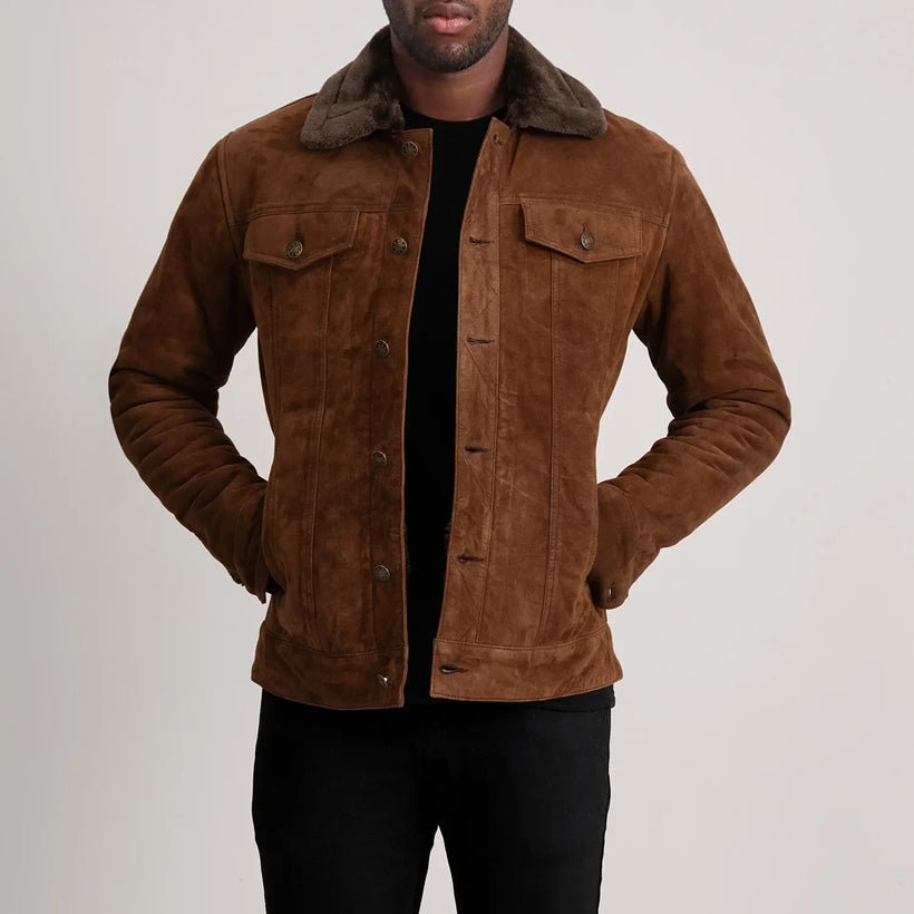 Dallis Καφέ Suede Shearling Trucker Δερμάτινο Μπουφάν Ανδρικό