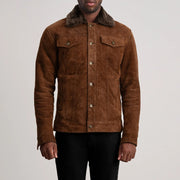 Close-Up Detail of Classic Collar &amp; Button Hardware on Dallis Brown Suede Shearling Trucker Jacket