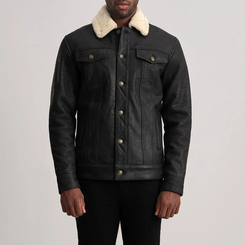 Dallis Distressed Μαύρο Leather Shearling Trucker Δερμάτινο Μπουφάν Ανδρικό