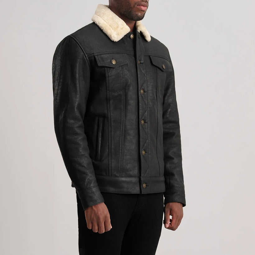 Dallis Distressed Μαύρο Leather Shearling Trucker Δερμάτινο Μπουφάν Ανδρικό