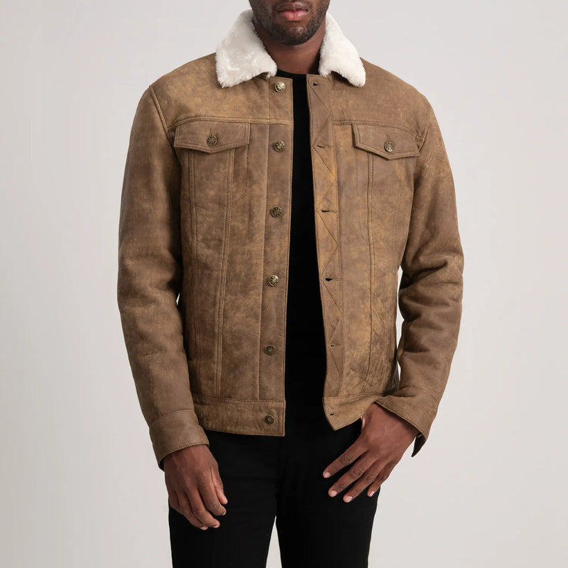 Dallis Distressed Καφέ Leather Shearling Trucker Δερμάτινο Μπουφάν Ανδρικό