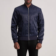 Danson Quilted Blue Varsity Jacket in Blue Satin - Front Profile View &amp; Tailored Silhouette | Buy Online