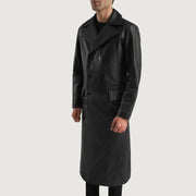 Black Cowhide leather Coat - Back View Showing Tailored Shoulder Fit &amp; Clean Hemline