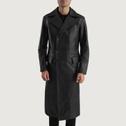 Close-Up Detail of Notch &amp; Button Hardware on Delmar Black Leather Double Breasted Coat