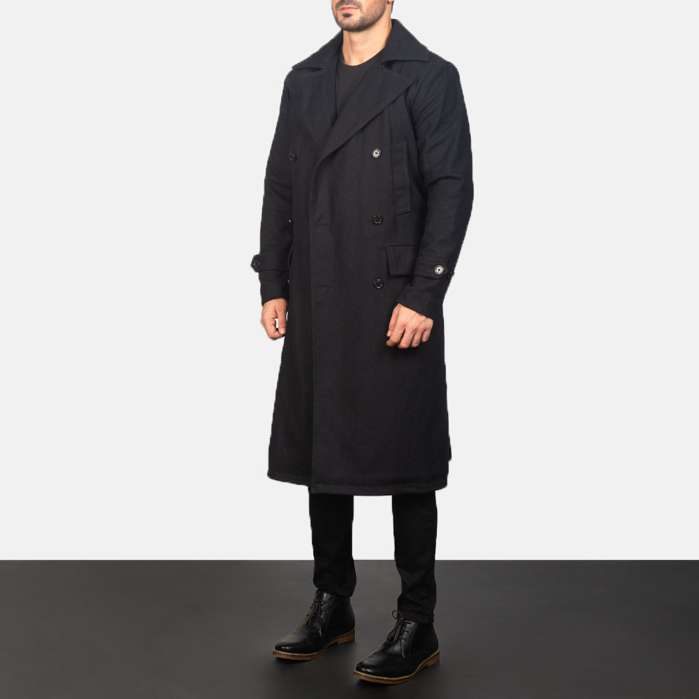 
Black Synthetic Wool Trench Coat - Πίσω όψη με εφαρμογή στους ώμους & καθαρό στρίφωμα