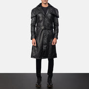 Black Cowhide Leather Trench Coat - Back View Showing Tailored Shoulder Fit &amp; Clean Hemline