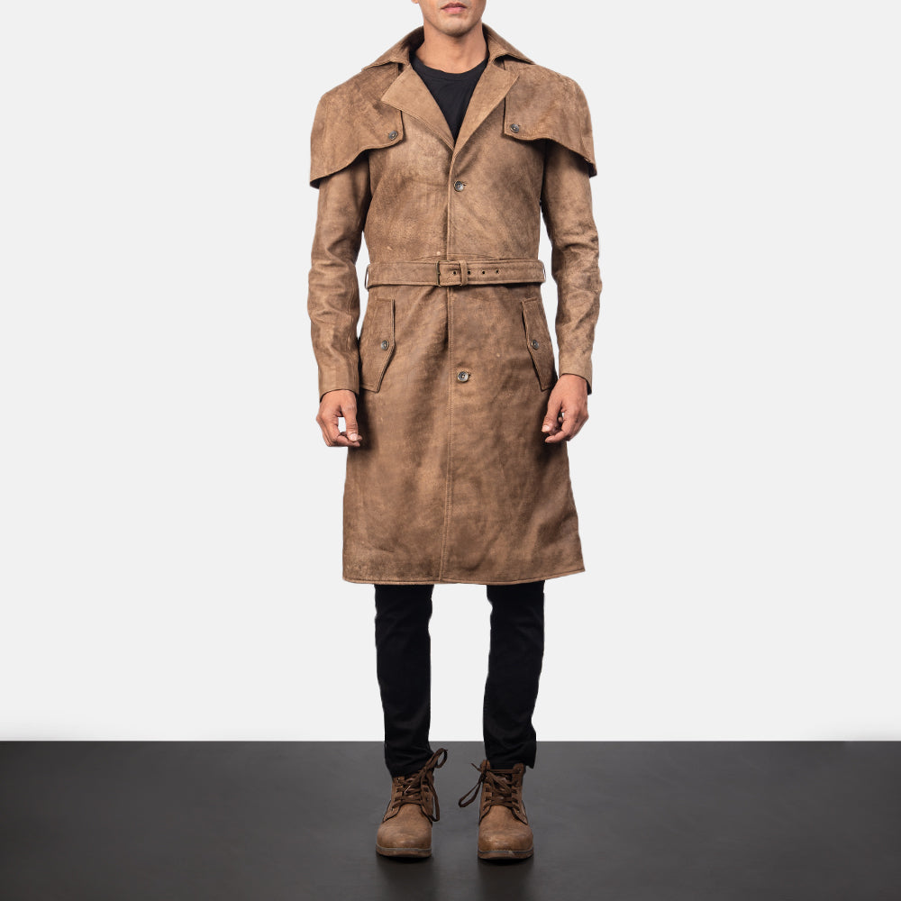 
Κοντινό πλάνο λεπτομέρειας of Classic Collar & Buttons + Belt Hardware on Deux Καφέ Leather Duster Ανδρικό