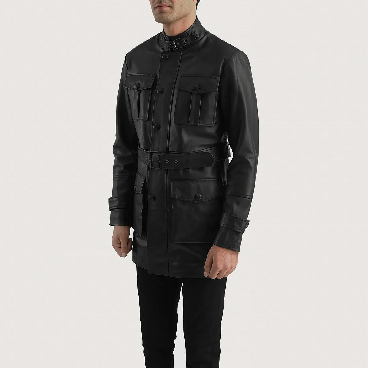 Black Cowhide leather Coat - Back View Showing Tailored Shoulder Fit &amp; Clean Hemline