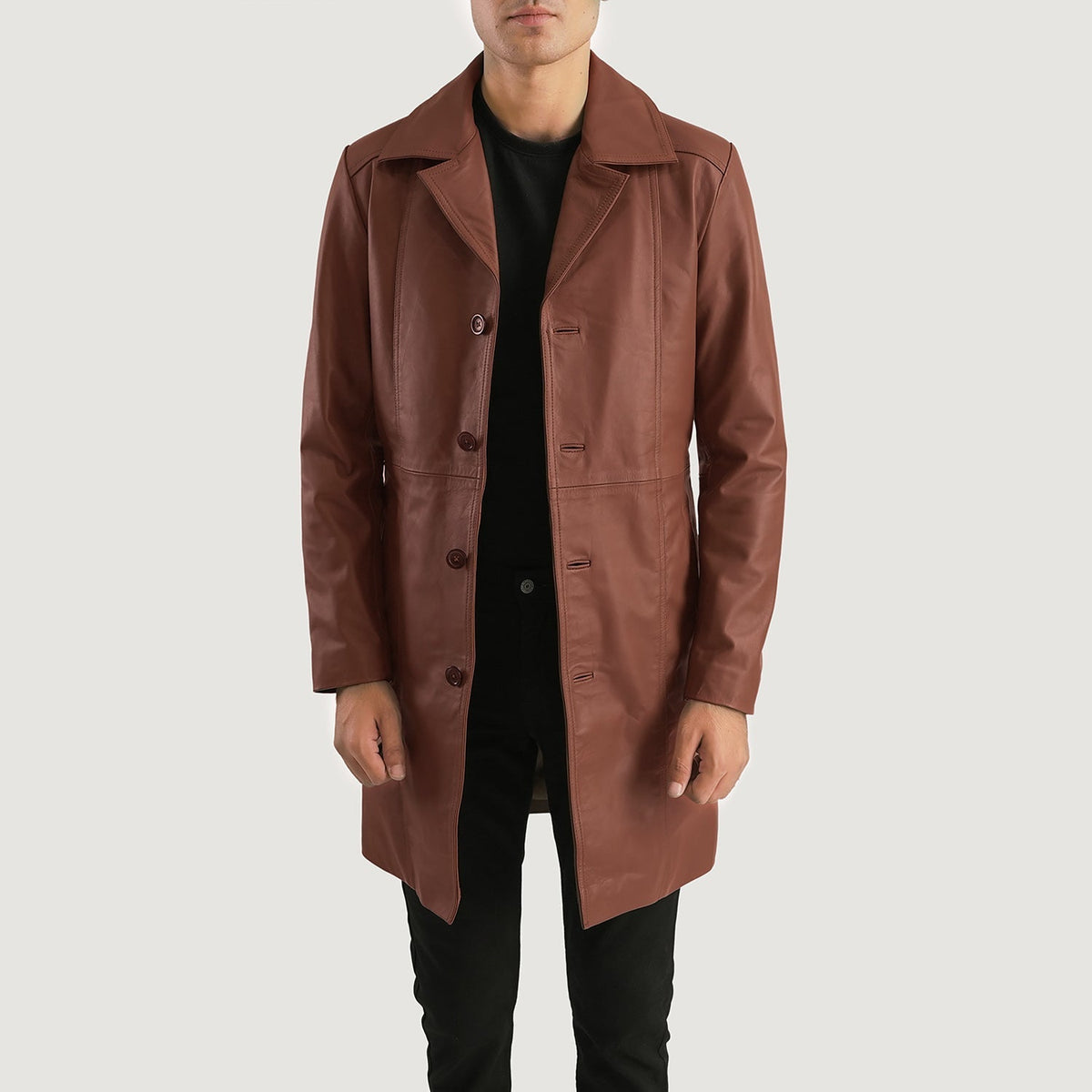 Don Long Brown Leather Coat in Brown Cowhide Leather - Front Profile View &amp; Tailored Silhouette | Buy Online