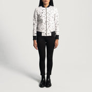 Close-Up Detail of Varsity &amp; Zipper Hardware on Women's Donna Blake White Leather Bomber Jacket