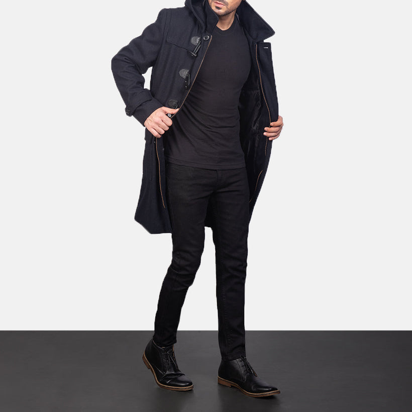Drake Μαύρο Wool Hooded Duffle Δερμάτινο Παλτό Ανδρικό