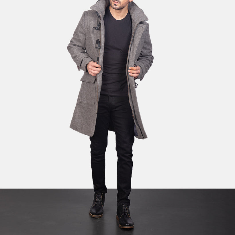 Drake Grey Wool Hooded Duffle Δερμάτινο Παλτό Ανδρικό