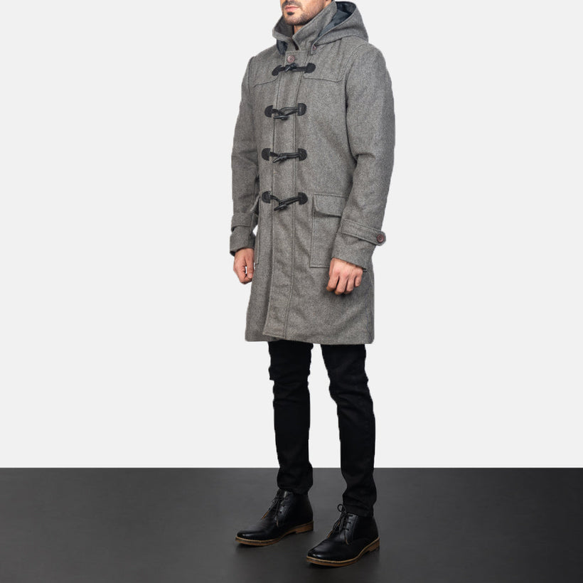 Drake Grey Wool Hooded Duffle Δερμάτινο Παλτό Ανδρικό