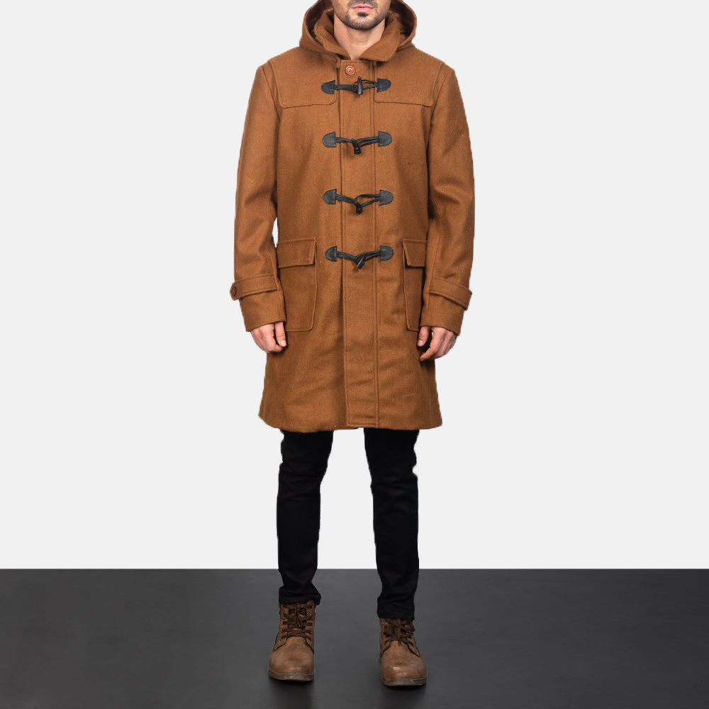 
Κοντινό πλάνο λεπτομέρειας of Shirt with Removable Hood & Toggle Buttons with Placket & Zipper Hardware on Drake Khaki Wool Duffle Coat