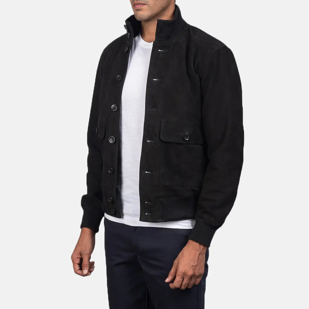 
Brown Goatskin Suede Bomber Jacket - Πίσω όψη με εφαρμογή στους ώμους & καθαρό στρίφωμα