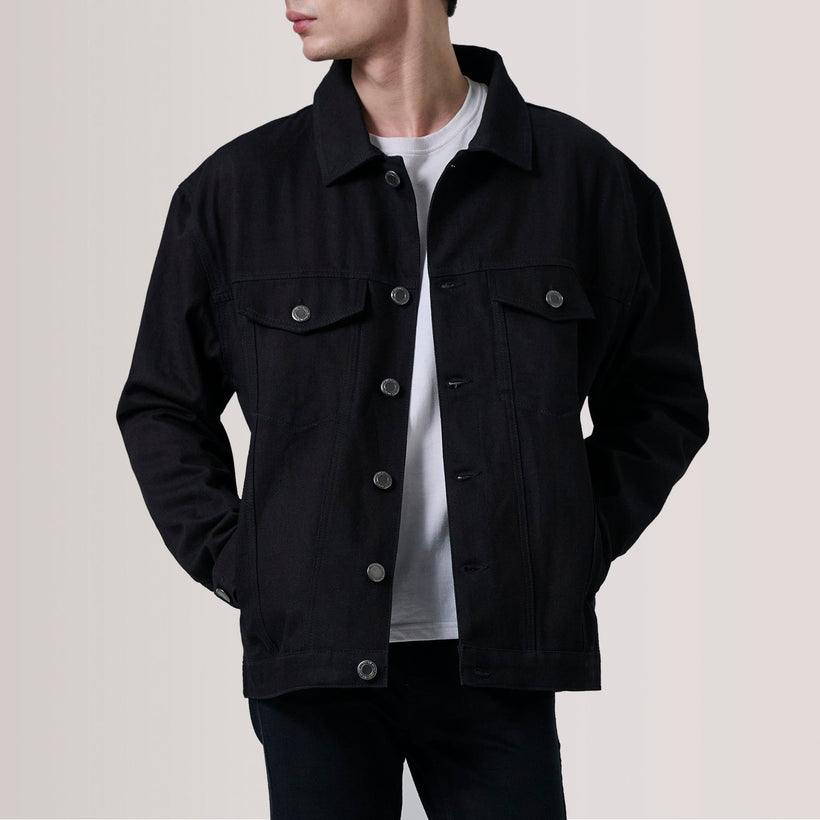 Eddie Μαύρο Oversized Denim Trucker Δερμάτινο Μπουφάν Ανδρικό