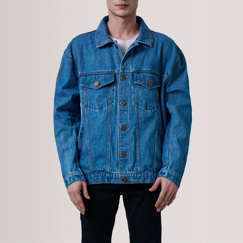 Eddie Dark Μπλε Oversized Denim Trucker Δερμάτινο Μπουφάν Ανδρικό
