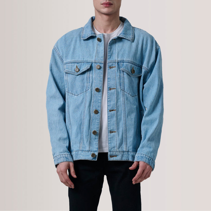 Eddie Light Μπλε Oversized Denim Trucker Δερμάτινο Μπουφάν Ανδρικό