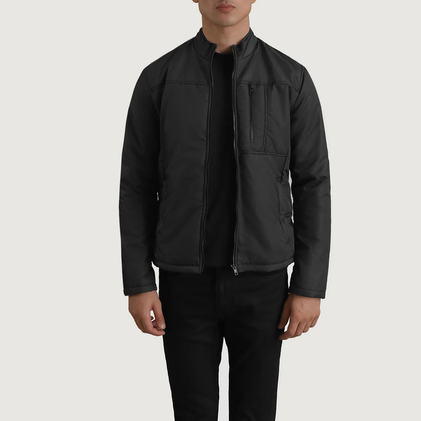 Elliot Black Lightweight Jacket in Black Full-Grain Leather - Front Profile View & Tailored Silhouette | Buy Online