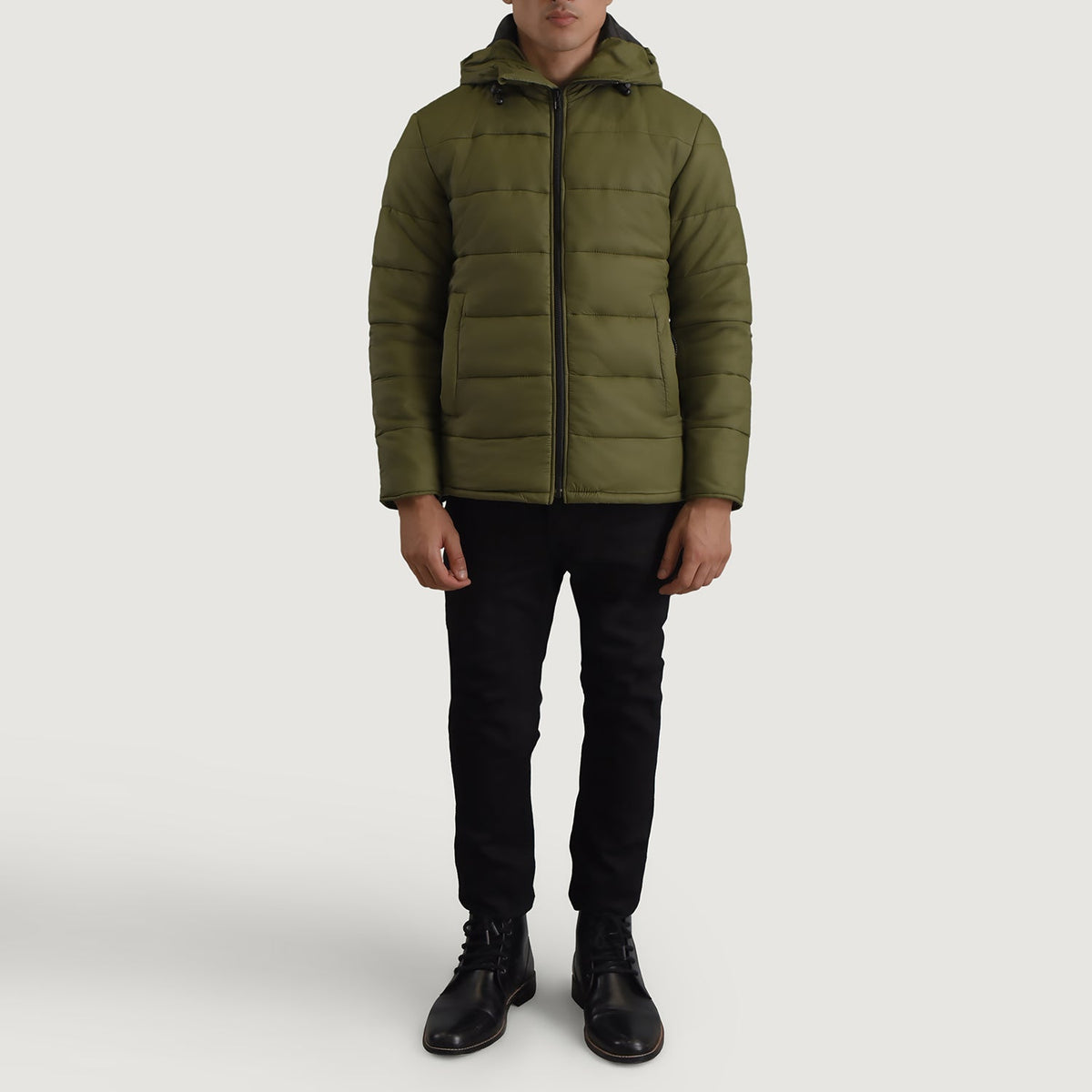 
Erico Χακί Hooded Puffer Δερμάτινο Μπουφάν Ανδρικό - Πλαϊνή όψη που αναδεικνύει το κόψιμο των μανικιών