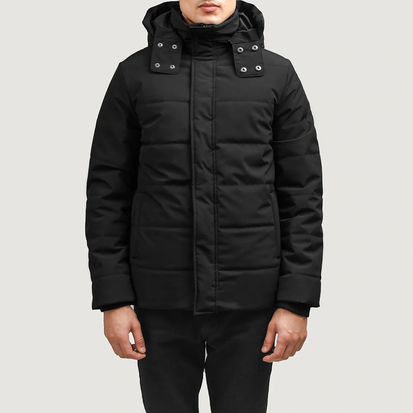 Exton Μαύρο Hooded Down Puffer Δερμάτινο Μπουφάν Ανδρικό